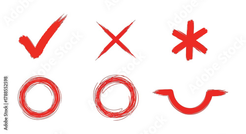 Hand drawn red marks including check mark cross asterisk circles and smile symbol