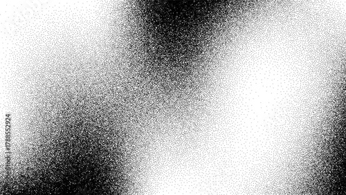 Black and white dot grain stipple noise vector with abstract gradient texture for background or overlay effect. Graphic design resource.