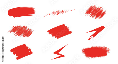 Collection of nine vibrant red abstract brush stroke and scribble elements on a white background
