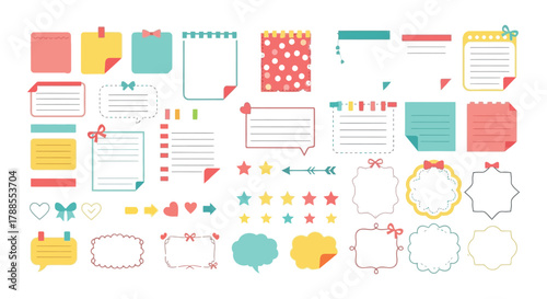 Colorful collection of hand drawn sticky notes and bullet journal elements for planning and organization