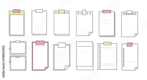 Collection of hand drawn to do lists and checklists on clipboards with colorful clips and notes