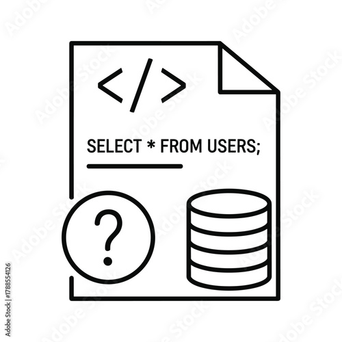 Database icon on a document with sql query and question mark, symbolizing data query and uncertainty