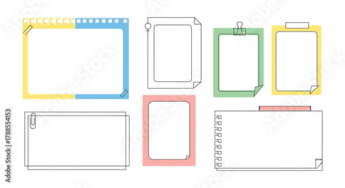 Collection of hand drawn blank notebook pages and note paper designs with colorful borders and lines