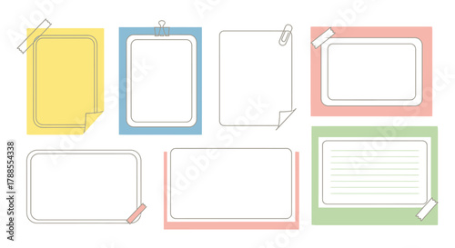 Collection of seven colorful and decorative blank note paper templates with tape accents
