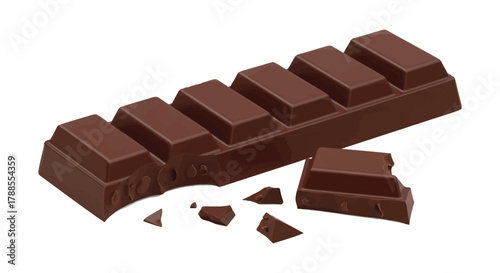 A broken bar of dark chocolate with small pieces scattered on a white background