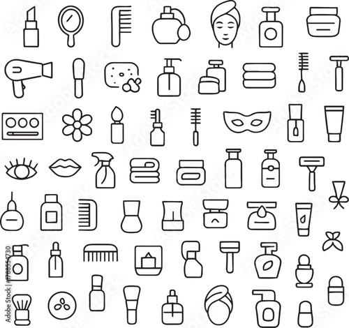 Beauty, cosmetic, spa, and personal care outline icons set Vector