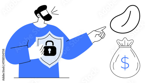 Man holding lock-inscribed shield pointing at money bag and bean emphasizes security, wealth, resources. Ideal for protection, wealth management, safeguarding ideas, risk reduction, financial safety