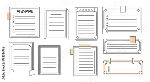 Collection of hand drawn journaling pages and note taking templates with washi tape accents