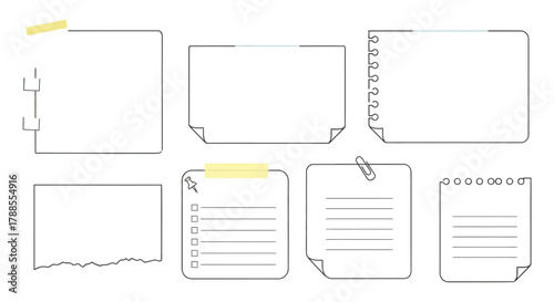 Collection of hand drawn blank paper notes and sticky notes with tape and paper clips