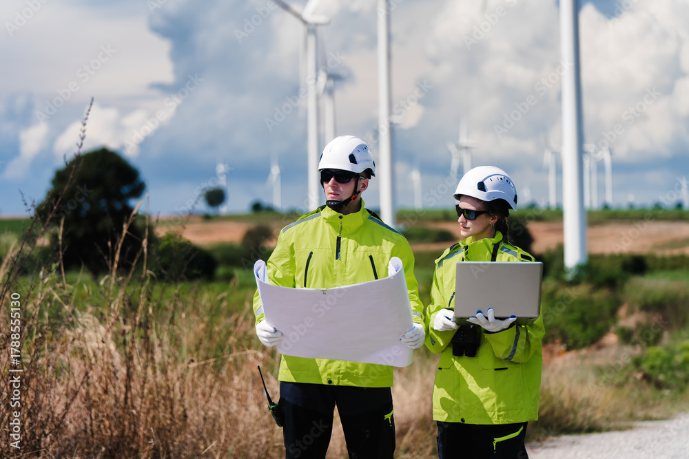 Fototapeta premium Engineers Planning with Blueprint and Digital Technology at Wind Turbine Site. Clean Energy Professionals Analyzing Site Plan Documentation. Collaboration Documentation Wind Power Design.