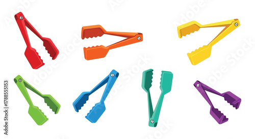 Collection of brightly colored kitchen tongs arranged on a white background for food preparation and serving