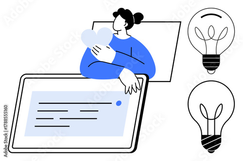 Woman with heart in hands leaning on tablet, two glowing light bulbs symbolizing ideas, innovation, creativity, and connection. Ideal for technology, teamwork, brainstorming, strategy self-care