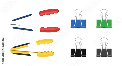 Collection of kitchen tongs and binder clips in various colors on a white background