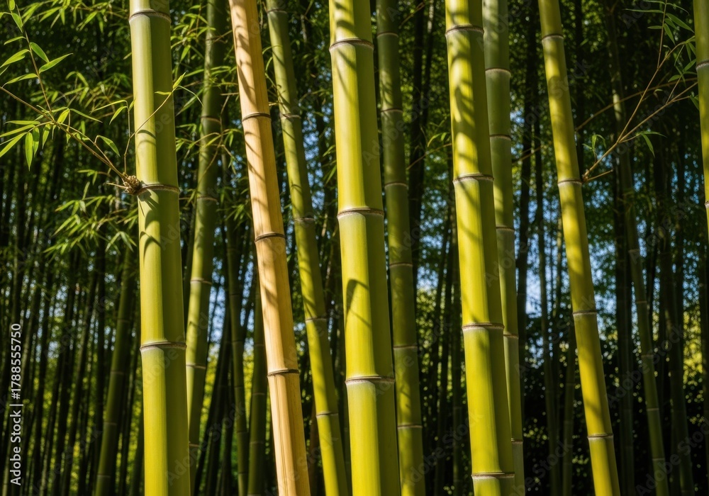 Fototapeta premium Sunlight filtering through a dense grove of tall green bamboo stalks