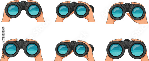 Cartoon hands holding binoculars with varied views, vector illustration for observation concept, discovery theme, and perspective shift in editorial content