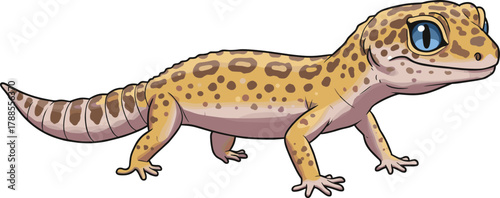 Cartoon leopard gecko with spotted body and banded tail, vector illustration for reptile education, nature awareness, and stylized animal concept
