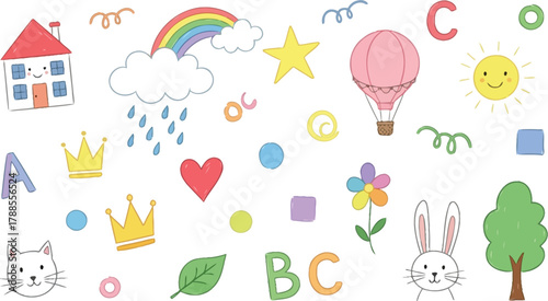 Cute Rainbow House Air Balloon and Animals on White Background Playful