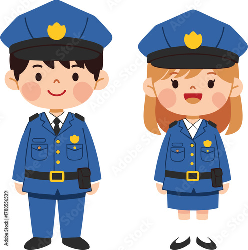 Cartoon male and female police officers smiling side by side, vector illustration for educational themes and editorial law enforcement content