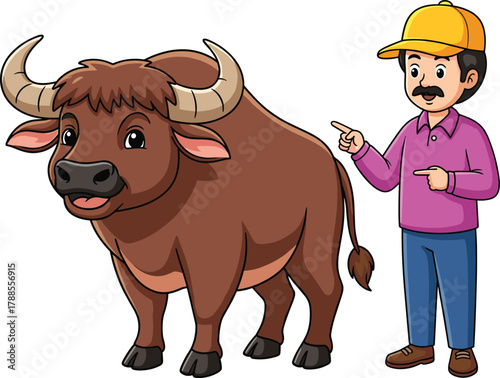 Cartoon man pointing at friendly buffalo, vector illustration for farm life education, animal awareness, and rural character concept
