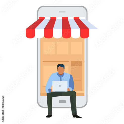 Digital Emporium: A man effortlessly manages his online store from the digital storefront of a smartphone, the very embodiment of the modern age of ecommerce.