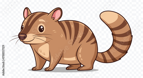 Cartoon marsupial with bushy tail and stripes, vector illustration for wildlife education, nature awareness, and friendly animal character design