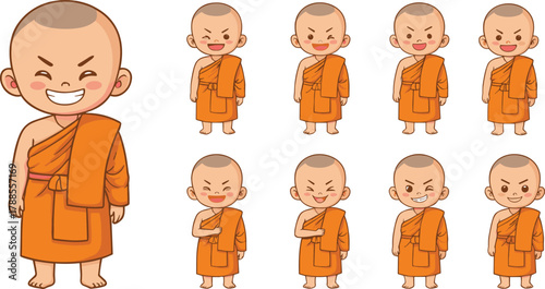 Cartoon monk character with expressive poses and emotions, vector illustration for animation, emotional education, and editorial storytelling content