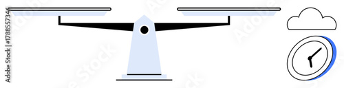 Balancing scale with two pans, clock, and cloud showing equilibrium of time, technology, and priorities. Ideal for time management, work-life balance, productivity, decision-making efficiency