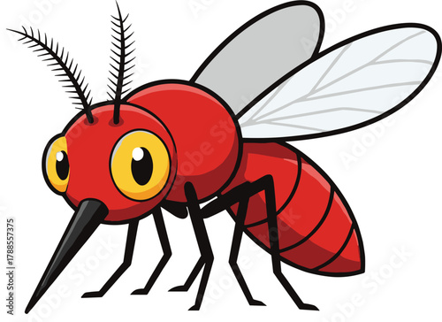 Cartoon mosquito with exaggerated features and red body, vector illustration for educational themes, pest awareness, and editorial insect content