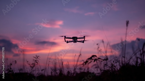 Drone silhouetted against a vibrant pink and purple sunset with tall grass