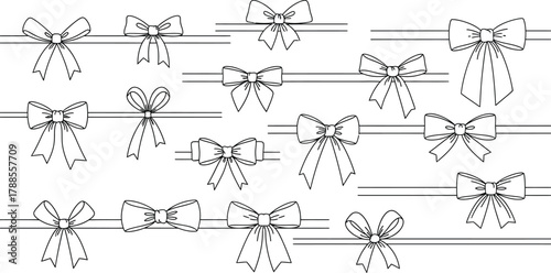 Decorative Outline Bows with Ribbon Accents on Transparent Background