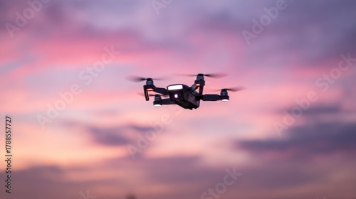 Drone flies mid-air with vibrant pink, purple, and orange sunset sky