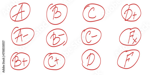 Vector set of handwritten school grades A to F with plus and minus variations. Red marker doodle style, perfect for educational design, reports, teacher feedback graphics, and academic illustrations.