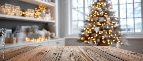 A warm and inviting space features a wooden table in front of a Christmas tree and large windows that bring in natural light during winter