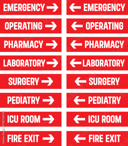 hospital interior directional signs collection with emergency operating pharmacy laboratory surgery pediatrics icu room and fire exit arrows