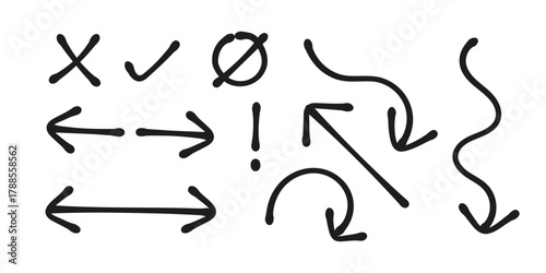 Set of Hand-Drawn Arrows, Checkmarks, and Sketch Design Elements on White Background