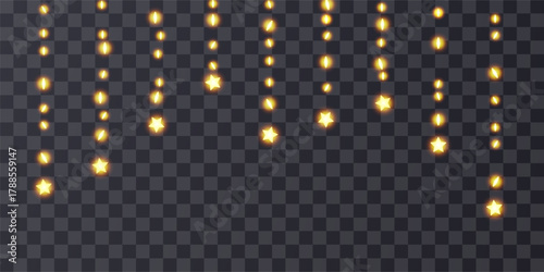 Light bulbs curtain, star festoon header. Fairy garland hanging strings. Ramadan Kareem lantern, chirstmas sky vector bg. 3d wire wedding ornament, warm bokeh frame. Garden party chains home decor.