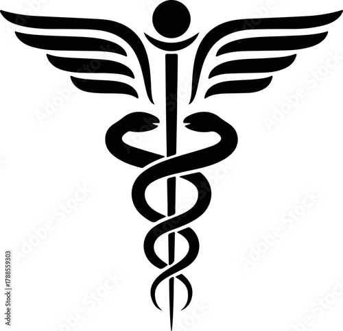 caduceus symbol icon with wings and two snakes on a staff vector illustration black and white