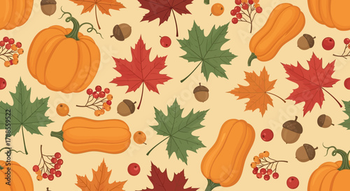 Autumn Harvest Seamless Pattern Pumpkins Maple Leaves and Acorns on Beige Background american football