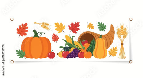 Thanksgiving Banner Festive Harvest Bounty with Pumpkin Cornucopia and Autumn Leaves american football