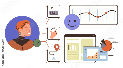 Person connected to charts, analytics, and task icons including keyboard, pointer, and map pin. Ideal for data visualization, UIUX design, technology, teamwork decision making productivity simple