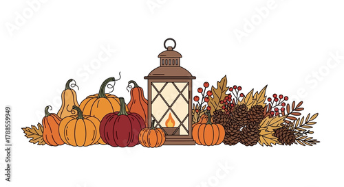 Autumn Harvest Decoration with Pumpkins Lantern and Fall Foliage american football