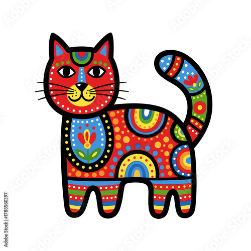 Colorful decorative cat illustration with patterns and designs  