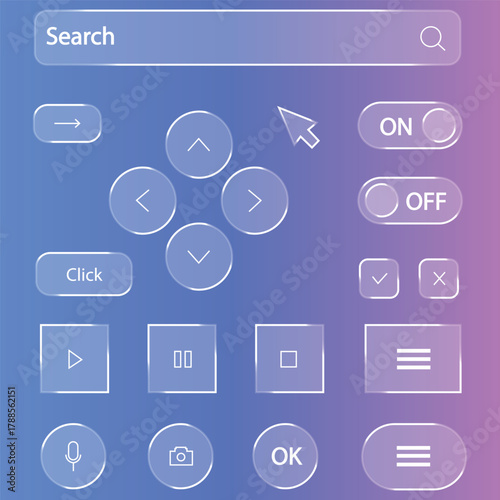 Glass UI elements buttons, search user interface controls and web site layout elements icon vector. search bar, navigation, media controls, and on, off switches symbol. vector illustration.