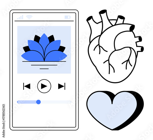Smartphone screen showcasing meditation app with lotus icon, realistic human heart, and symbolic love heart. Ideal for health, mindfulness, wellness, medical, self-care, technology balance themes
