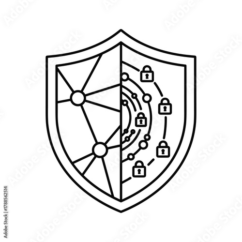 Digital shield with network connections and locks representing cybersecurity and data protection