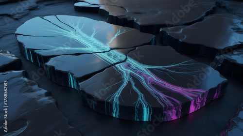 Abstract crystal structure with glowing veins geological formations