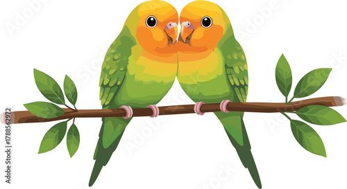 Cartoon parrots touching beaks on leafy branch, vector illustration for tropical wildlife, love symbolism, and nature companionship concept