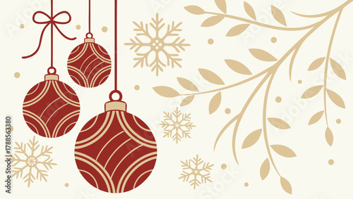 Red baubles and gold snowflakes on cream background