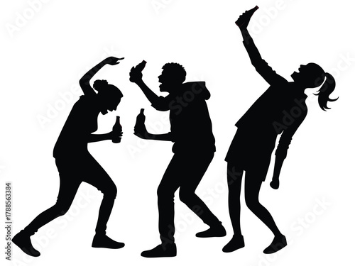 Black silhouettes of friends celebrating with drinks