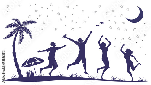 Silhouette people jumping and cheering under moon and stars at beach